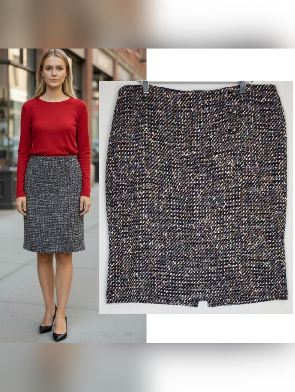 Talbots sz 16 tweed pencil skirt button zip black multi academia grandma preppy